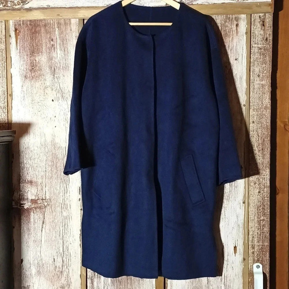 Wool blend Isaac Mirzah Live coat navy snap buttons self tie  belt nwot large - Picture 4 of 13
